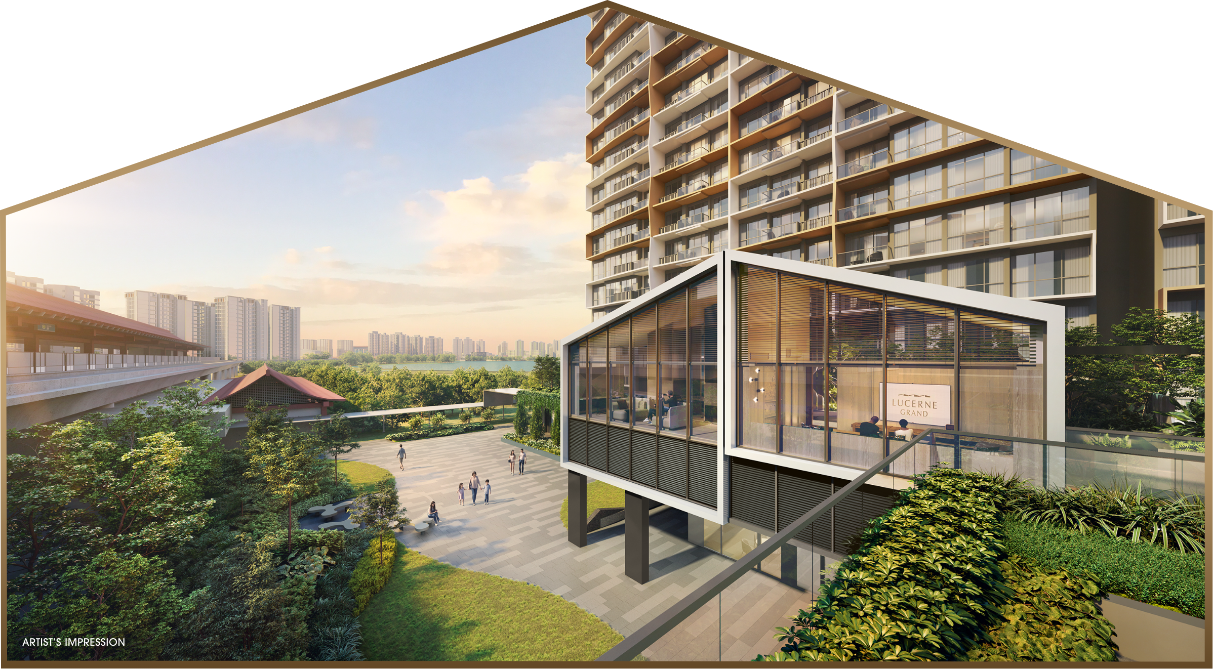 Exterior view of Lucerne Grand with entrance pavilion and greenery