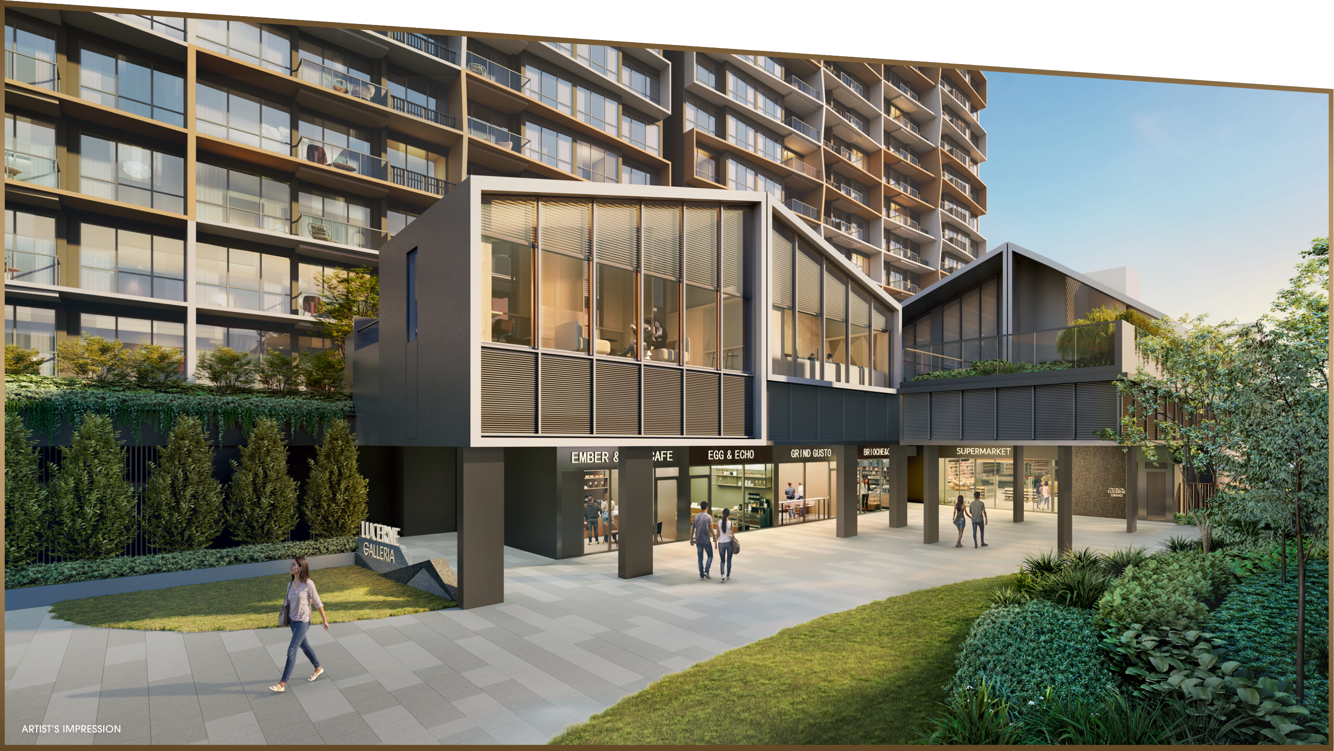 Graceful urban living at Lucerne Grand, with scenic greenery and a distinctive modern facade.