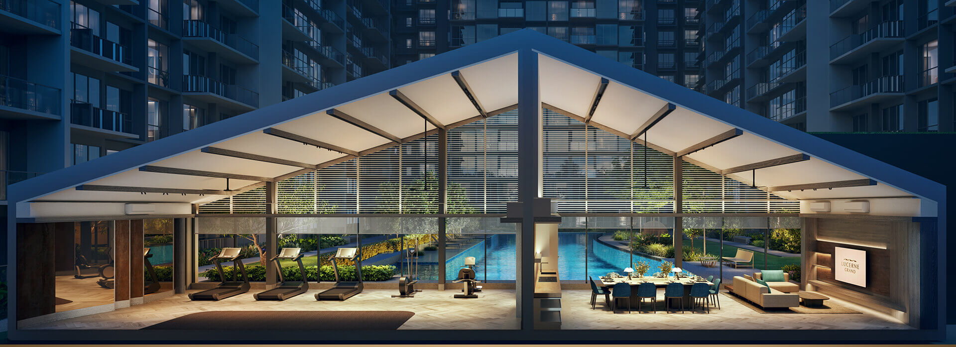 Sophisticated clubhouse interior at Lucerne Grand overlooking the swimming pool