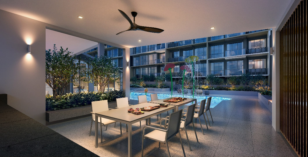 Sophisticated clubhouse interior at Lucerne Grand overlooking the swimming pool