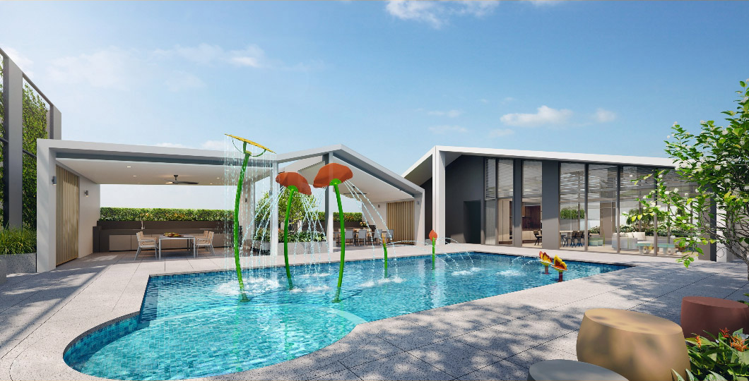Family-friendly pool area at Lucerne Grand with children’s water play zone