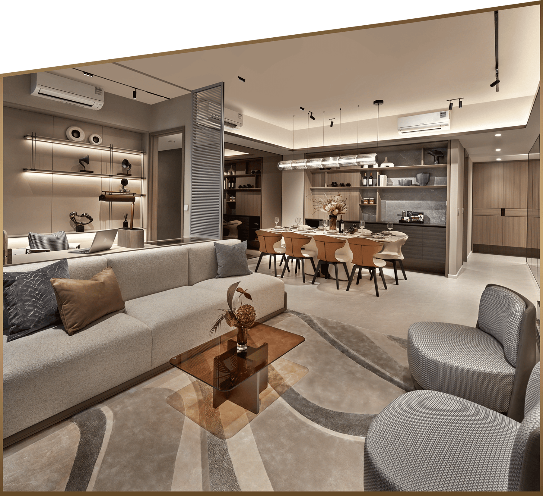 Contemporary luxury unfolds across the spacious living and dining areas at Lucerne Grand.