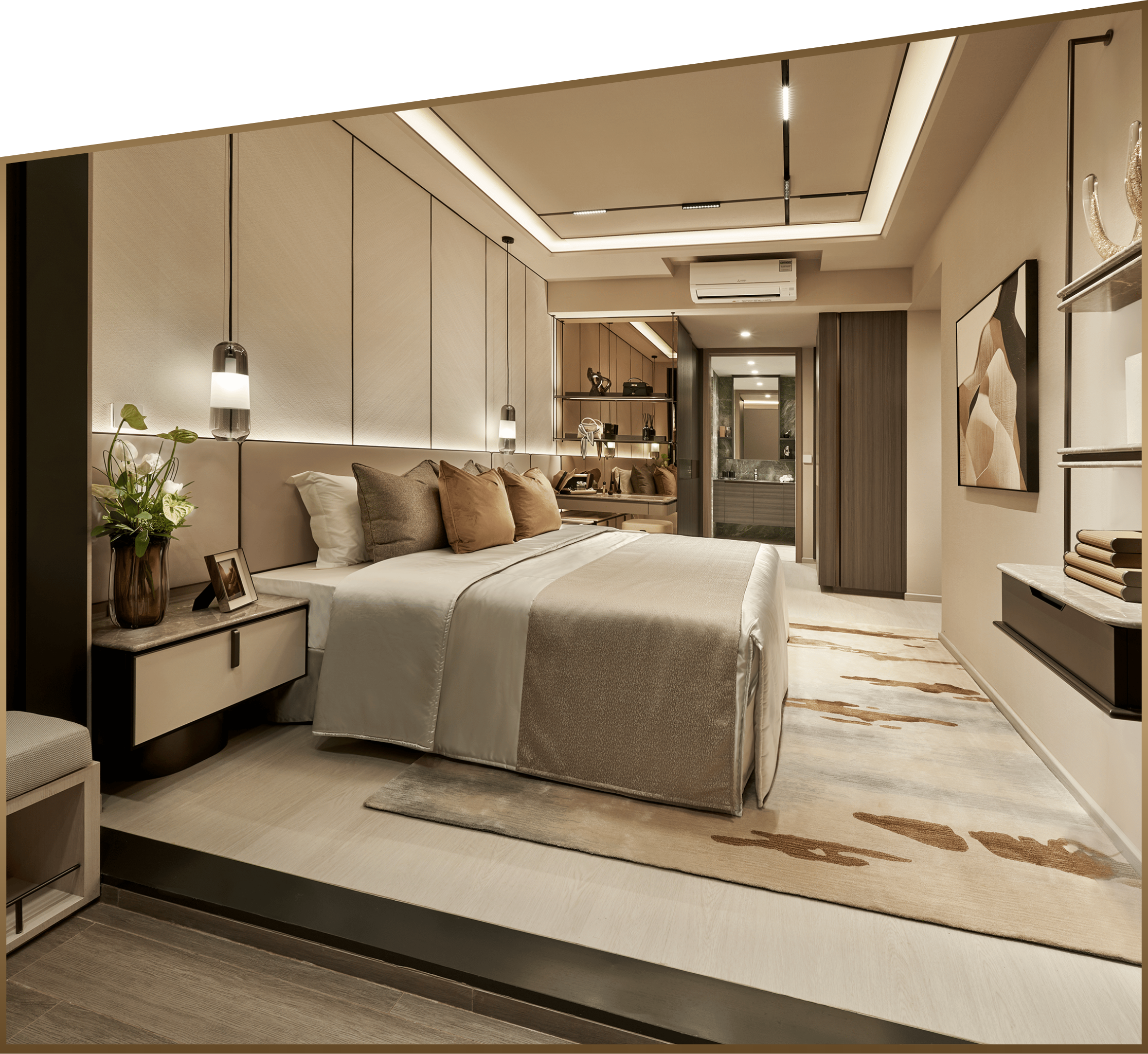 Elegant bedroom interior at Lucerne Grand with warm neutral finishes and built-in storage