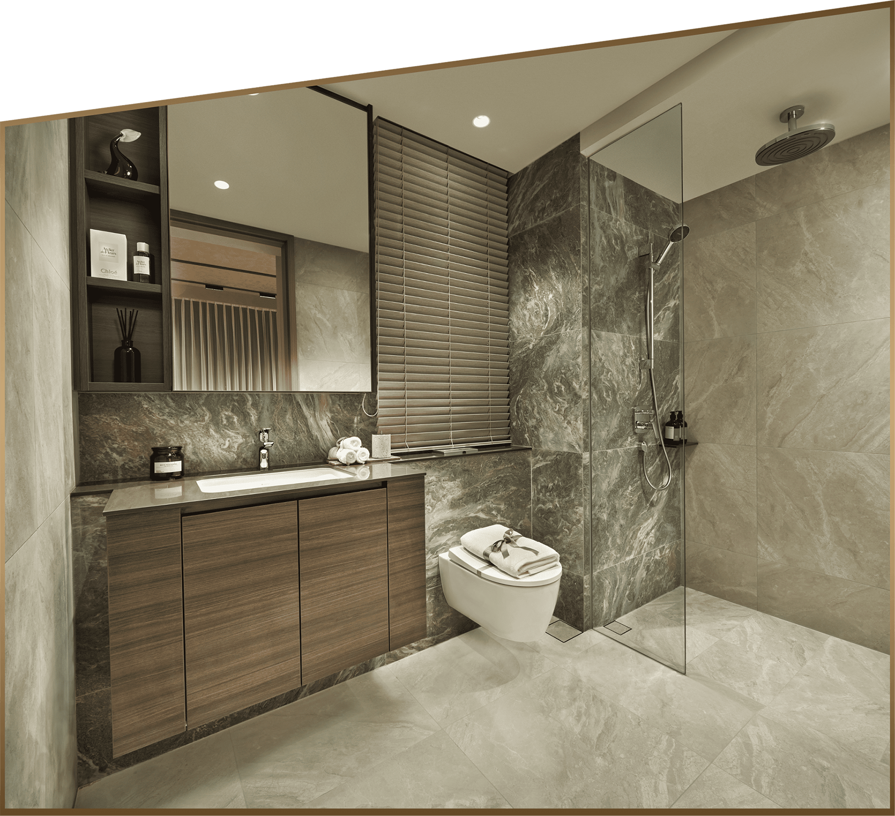 Elegant Lucerne Grand bathroom with stone finishes, vanity and walk-in shower