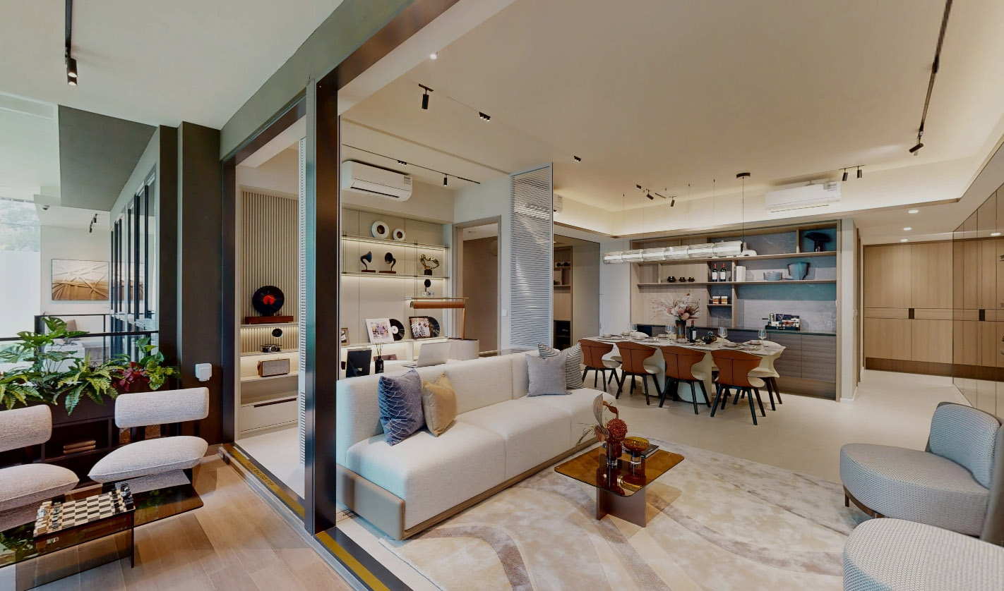 Elegant Lucerne Grand living space with integrated dining area and built-in cabinetry