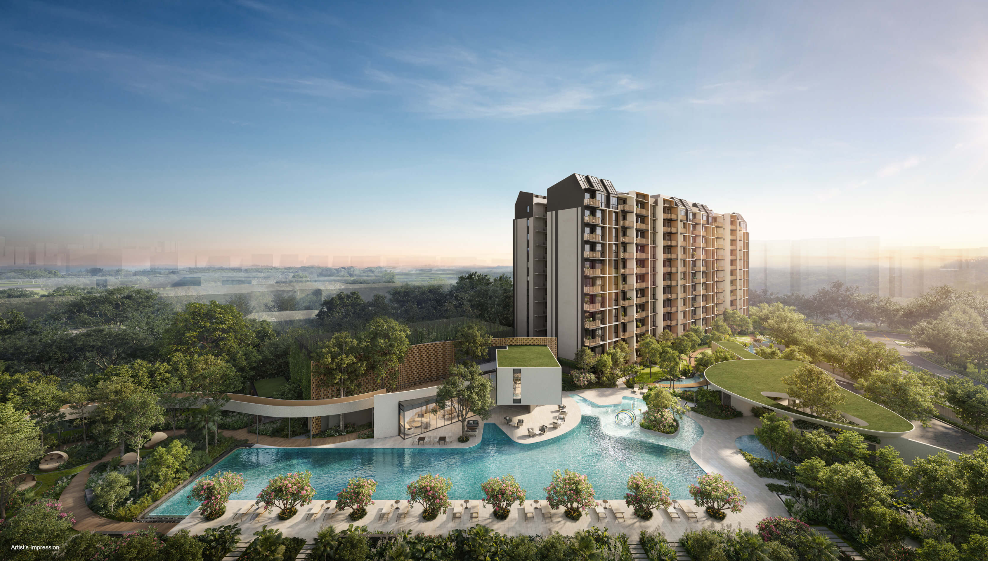 Aerial daytime view of Norwood Grand, showcasing its modern architecture and lush surroundings