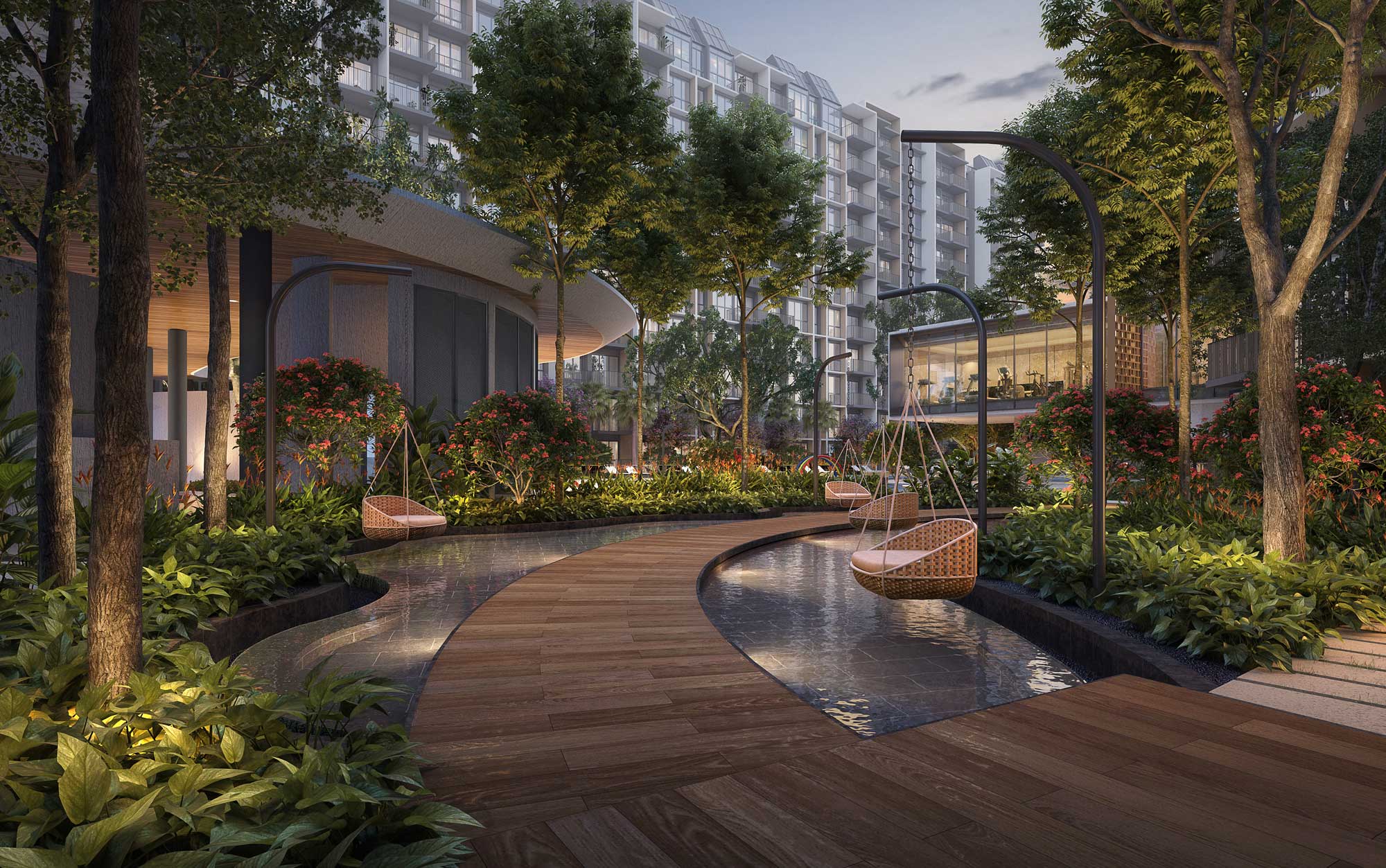 Relaxing swing at Norwood Grand, surrounded by lush greenery