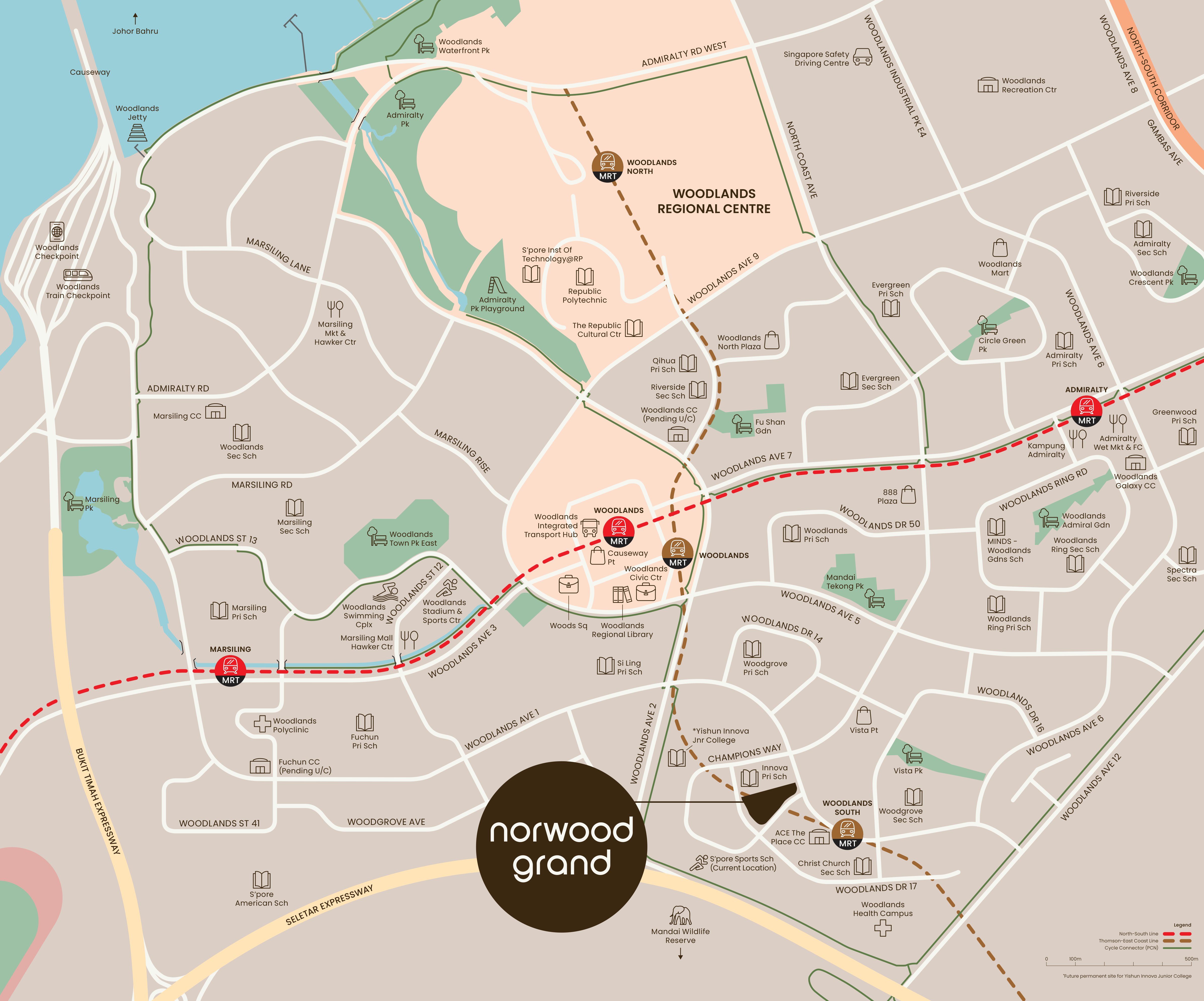 Norwood Grand location map displaying key landmarks and connectivity