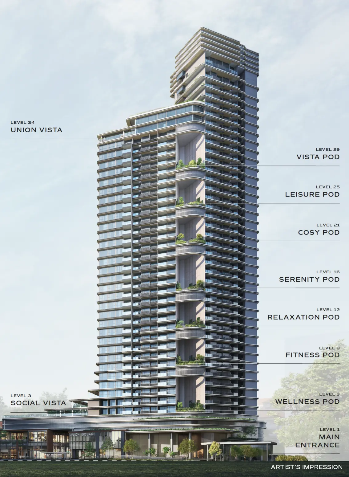 View the building's design of Union Square Residences with facility pods