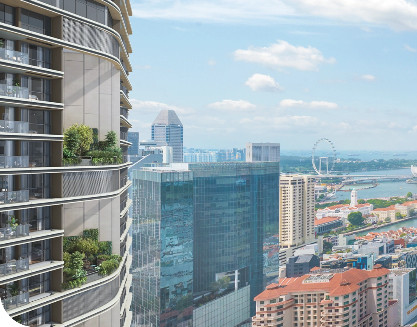 Recreational pods offering landscaped spaces, city views, and serene escape areas