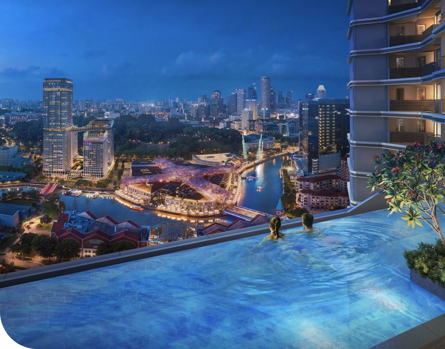 Discover the infinity pool overlooking Singapore’s vibrant city skyline at night