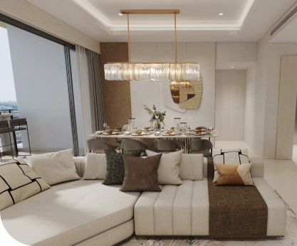 Stylish living and dining area at Union Square Residences featuring luxurious decor